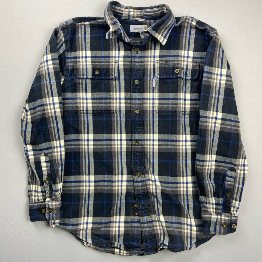 Carhartt Plaid Flannel Shirt Men's Medium Tartan Blue Gray 101749 100% Cotton